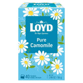 Loyd Pure Camomile Tea features a calming blend in a 56g box with 40 tea bags, adorned with chamomile flowers on a blue background.